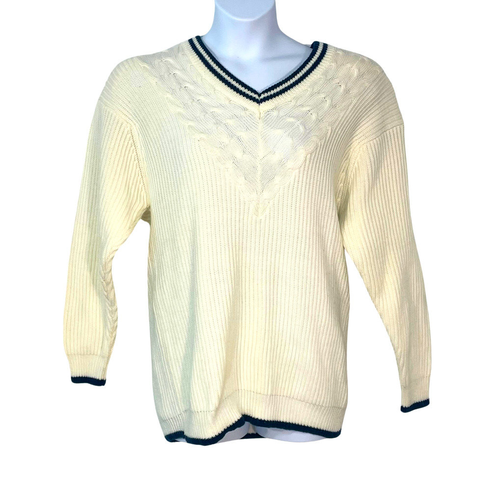 Vtg 80s Venezia Sz XL Cricket Collegiate Sweater Oversize VNeck Acrylic Preppy